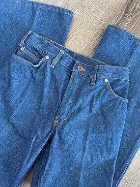 Vtg 70s Falmers dark indigo high waisted pleated bellbottom jeans / sz 30
